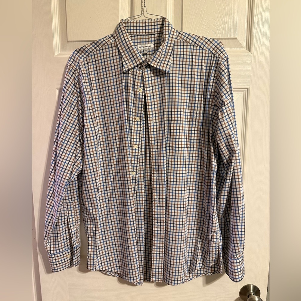 Peter Millar Soft Button-Down Shirt, White/Blue/Brown, XL, EUC